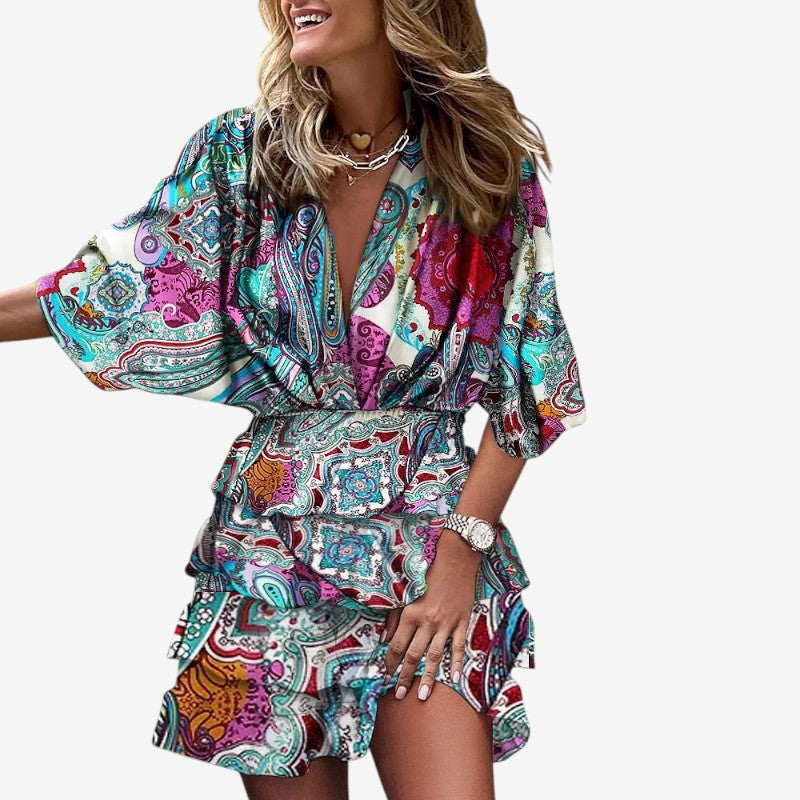 Women’s V-Neck Ruffle Bohemian Mini Dress