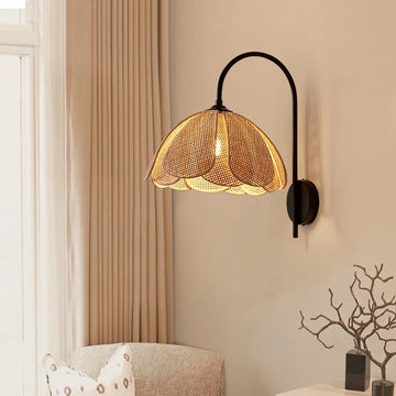 BloomGlow - Rattan Woven Flower Shade with Nature-Inspired Charm | Soft Warm Ambient Glow with Curved Black Metal Arm | Cozy Accent for Bedroom, Hallway or Living Room