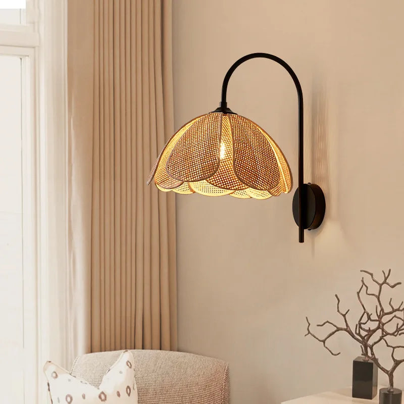 BloomGlow - Rattan Woven Flower Shade with Nature-Inspired Charm | Soft Warm Ambient Glow with Curved Black Metal Arm | Cozy Accent for Bedroom, Hallway or Living Room