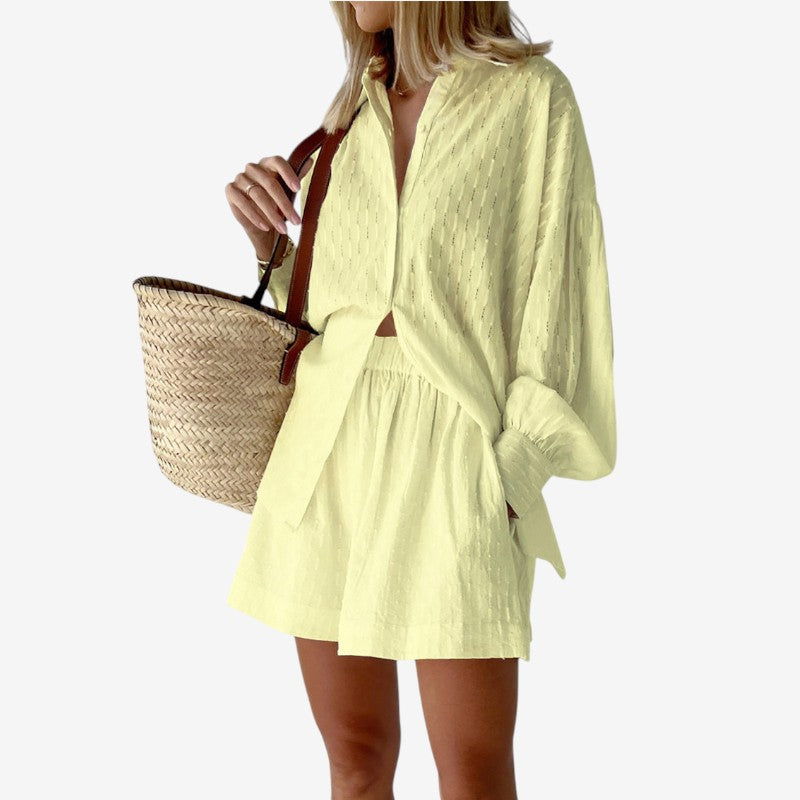 Women's Puff Sleeve Button-Up Shirt and High Waist Shorts Set