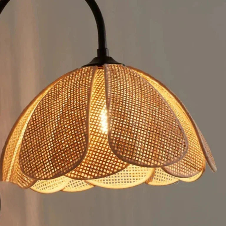 BloomGlow - Rattan Woven Flower Shade with Nature-Inspired Charm | Soft Warm Ambient Glow with Curved Black Metal Arm | Cozy Accent for Bedroom, Hallway or Living Room