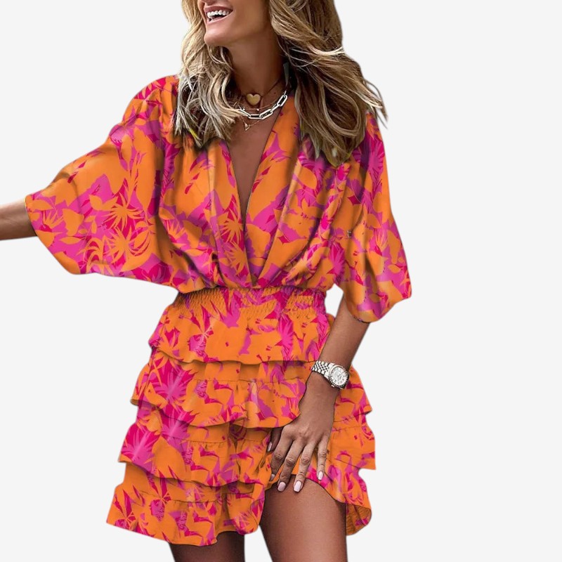 Women’s V-Neck Ruffle Bohemian Mini Dress