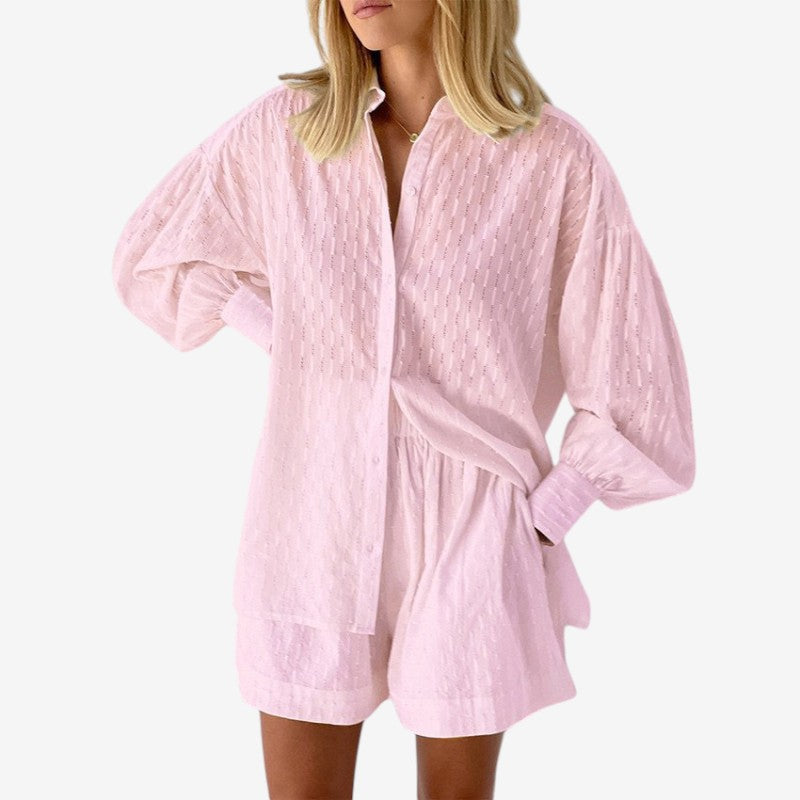 Women's Puff Sleeve Button-Up Shirt and High Waist Shorts Set