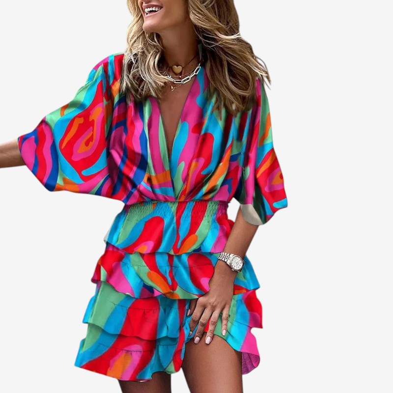 Women’s V-Neck Ruffle Bohemian Mini Dress
