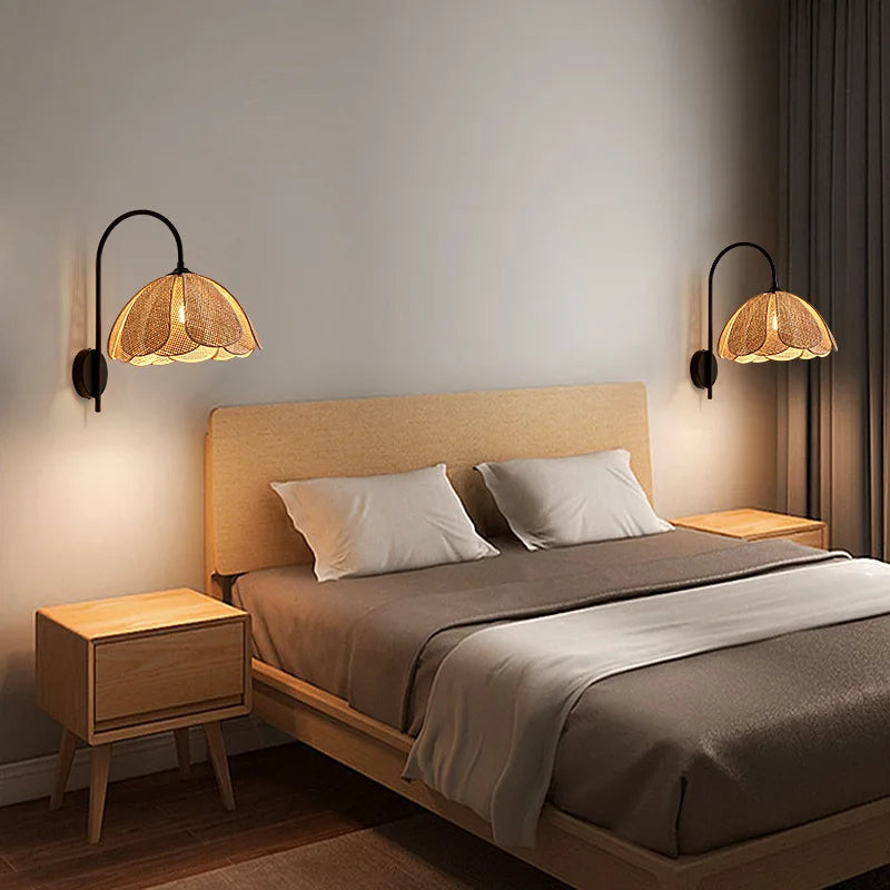 BloomGlow - Rattan Woven Flower Shade with Nature-Inspired Charm | Soft Warm Ambient Glow with Curved Black Metal Arm | Cozy Accent for Bedroom, Hallway or Living Room