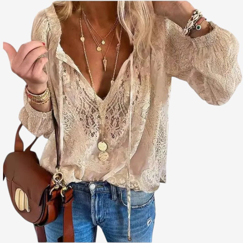 Women's Bohemian V Neck Lace Blouse with Long Sleeves