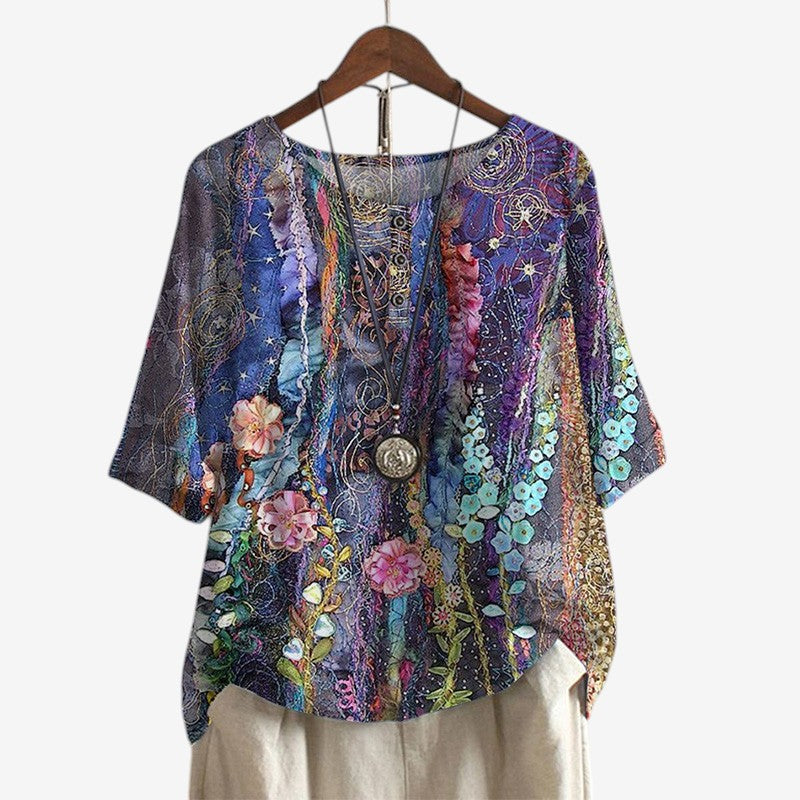 Oversized Floral Print Blouse with O Neck