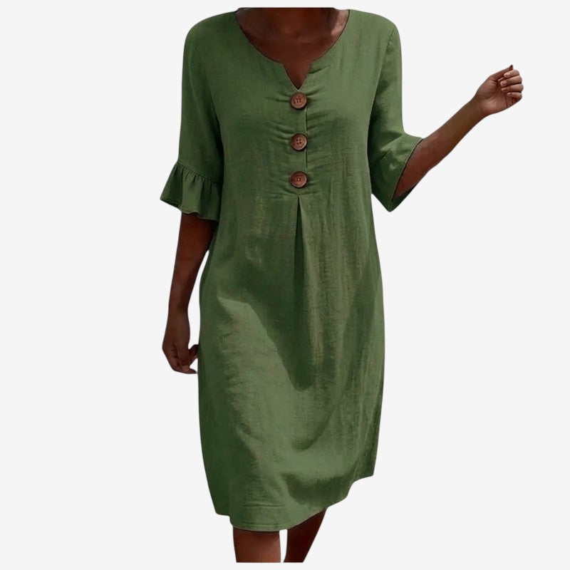Women's V Neck Midi Dress with Button Front Closure