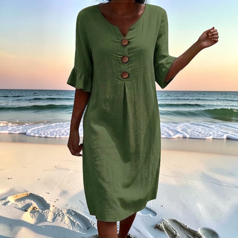 Women's V Neck Midi Dress with Button Front Closure