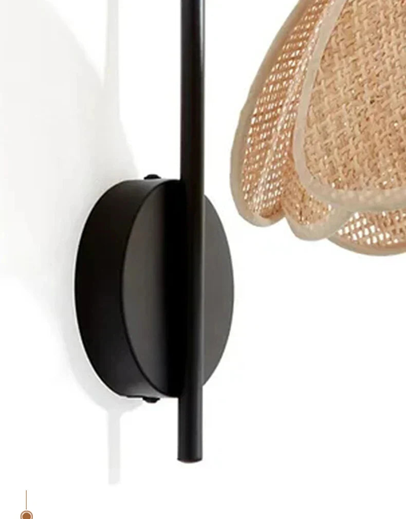 BloomGlow - Rattan Woven Flower Shade with Nature-Inspired Charm | Soft Warm Ambient Glow with Curved Black Metal Arm | Cozy Accent for Bedroom, Hallway or Living Room