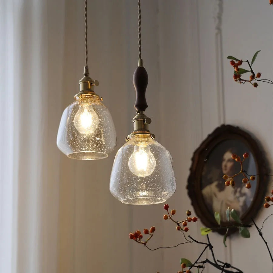 LumiElegance – Textured Clear Glass with Brass & Dark Wood Accents | Adjustable Cord for Perfect Hanging Height | Timeless Warm Glow for Kitchen or Dining
