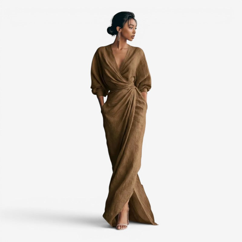 Women's Elegant V Neck Maxi Dress with Wrap Waist