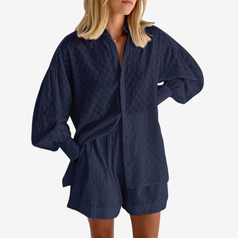 Women's Puff Sleeve Button-Up Shirt and High Waist Shorts Set