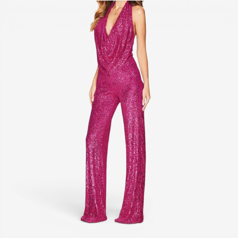 Glamorous Women's Sequin Jumpsuit with Halter Neck