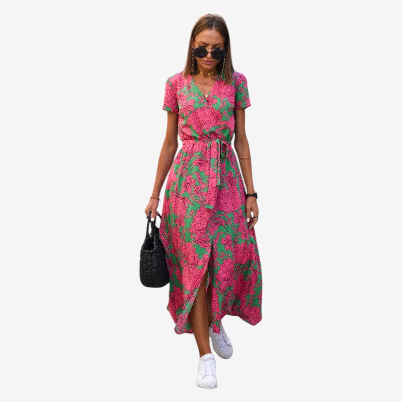 Women's V-Neck Belted Midi Dress