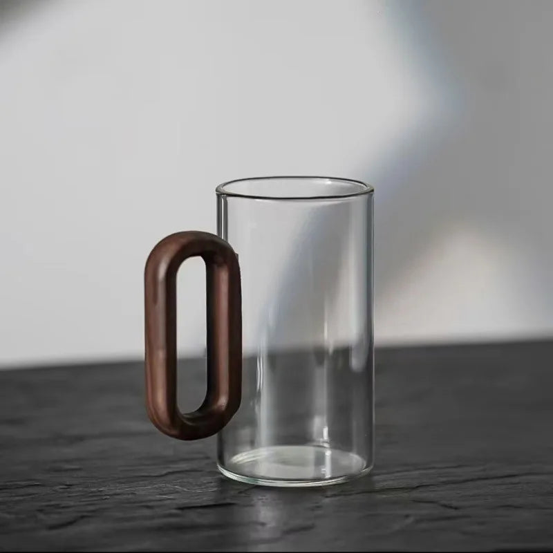 LuxeBrew - Modern Glass Mug Dark-Toned Design with Ergonomic Wooden Handle | Stylish and Comfortable for Coffee, Tea, or Hot Beverages | Heat-Resistant and Durable Contemporary Drinkware