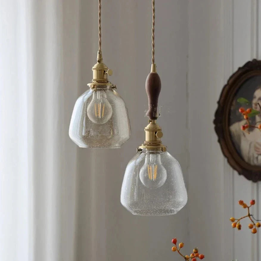 LumiElegance – Textured Clear Glass with Brass & Dark Wood Accents | Adjustable Cord for Perfect Hanging Height | Timeless Warm Glow for Kitchen or Dining