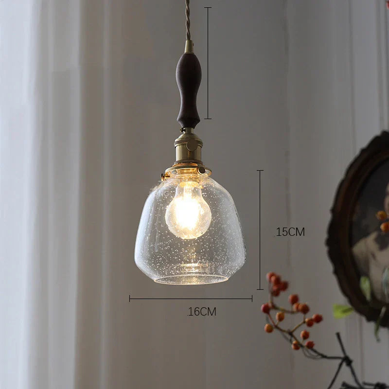 LumiElegance – Textured Clear Glass with Brass & Dark Wood Accents | Adjustable Cord for Perfect Hanging Height | Timeless Warm Glow for Kitchen or Dining