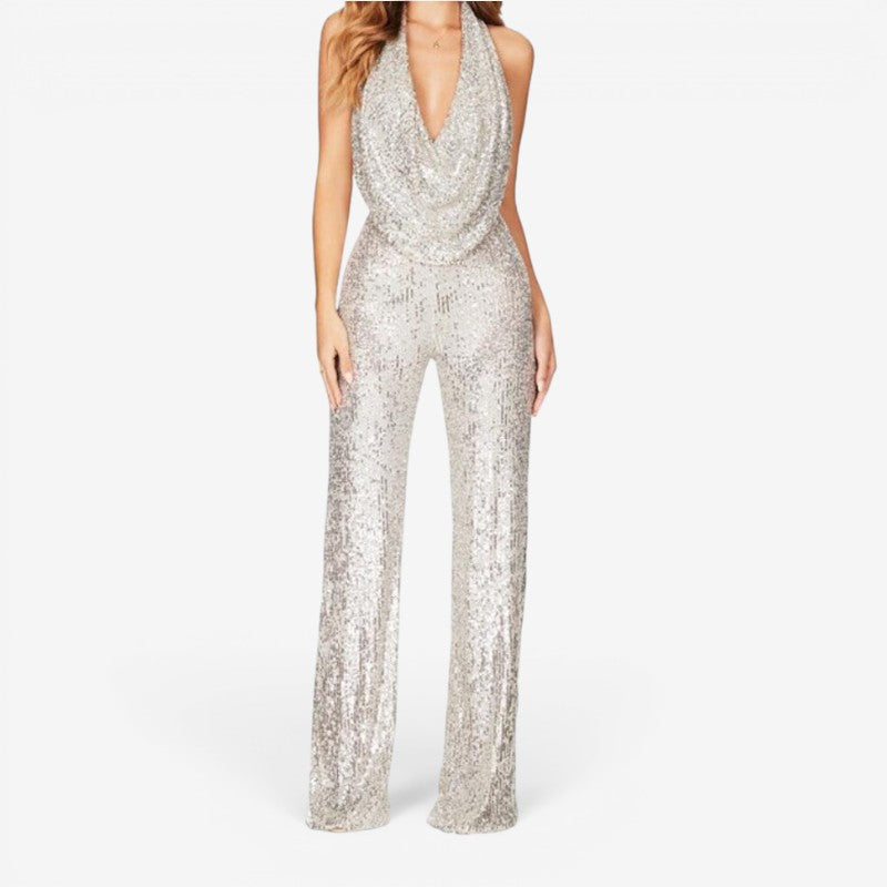 Glamorous Women's Sequin Jumpsuit with Halter Neck