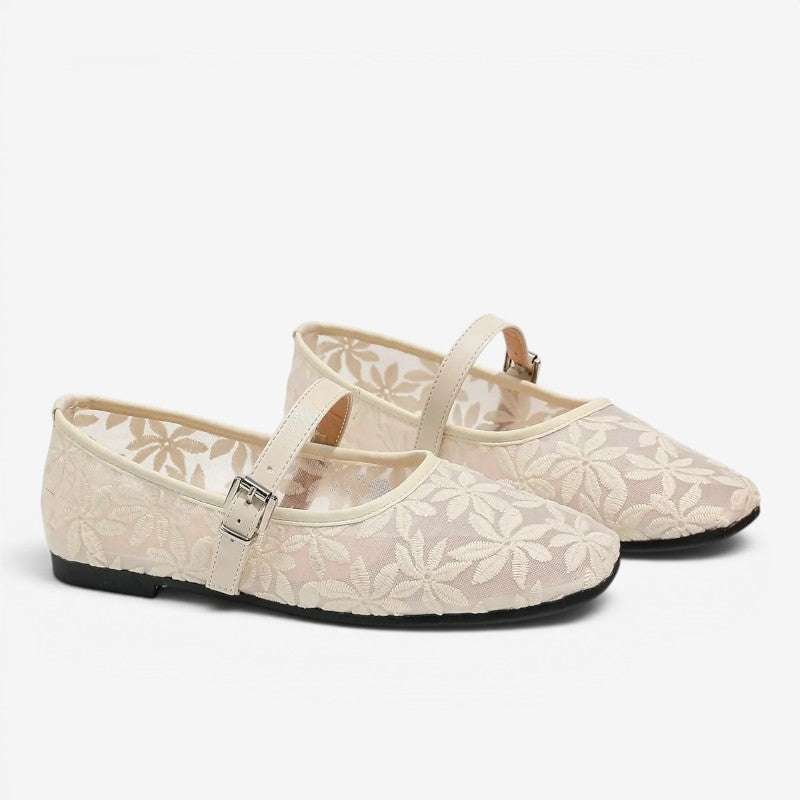 Square-Toe Ballerina Flats with Embroidered Flowers