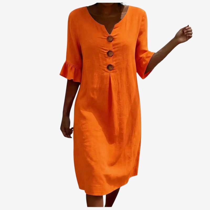 Women's V Neck Midi Dress with Button Front Closure