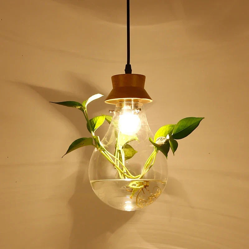BotanicaGlow – Floating Plant Glass Bulb with Natural Wood Accents | Soft Warm LED Glow for Cozy Ambience | Statement Lighting for Dining, Cafe or Workspace