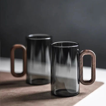 LuxeBrew - Modern Glass Mug Dark-Toned Design with Ergonomic Wooden Handle | Stylish and Comfortable for Coffee, Tea, or Hot Beverages | Heat-Resistant and Durable Contemporary Drinkware