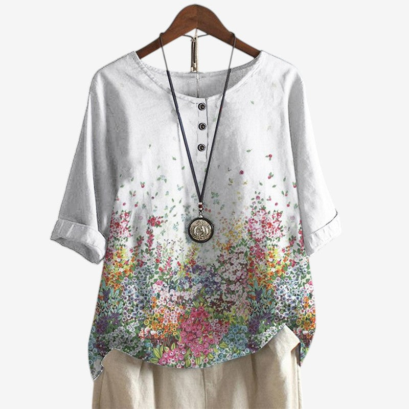 Oversized Floral Print Blouse with O Neck