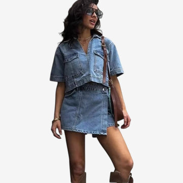 Two-Piece Denim Outfit with V-Neck Top