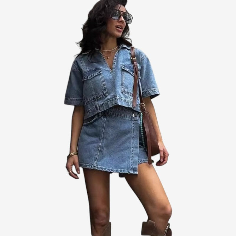 Two-Piece Denim Outfit with V-Neck Top