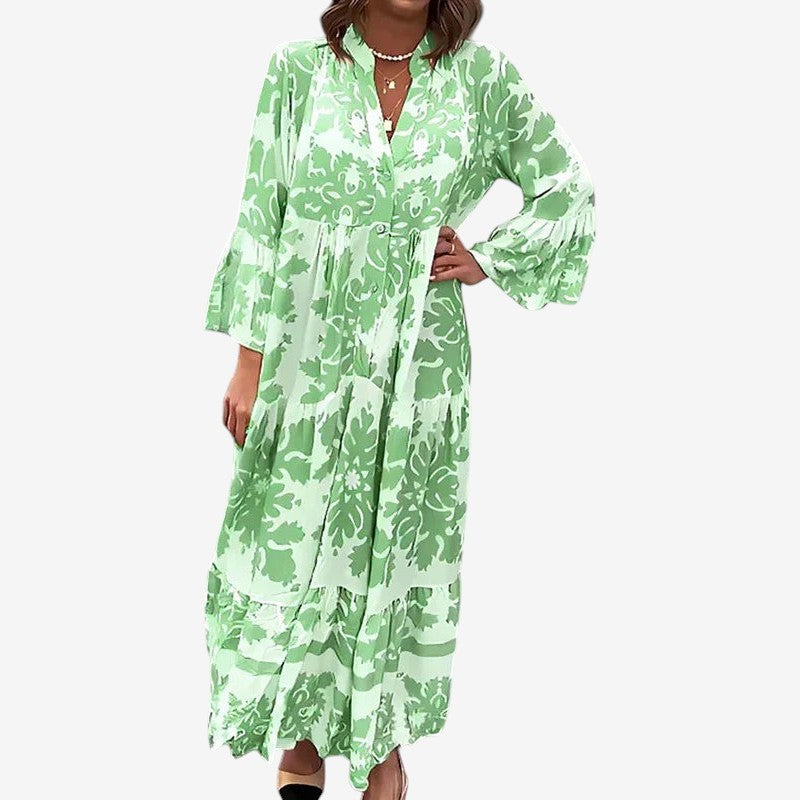Women's Printed Midi Dress with V-Neck and Long Sleeves