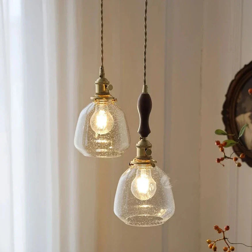 LumiElegance – Textured Clear Glass with Brass & Dark Wood Accents | Adjustable Cord for Perfect Hanging Height | Timeless Warm Glow for Kitchen or Dining