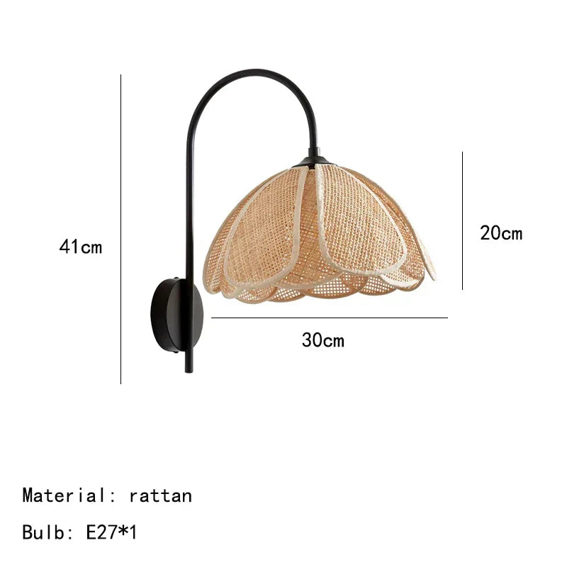 BloomGlow - Rattan Woven Flower Shade with Nature-Inspired Charm | Soft Warm Ambient Glow with Curved Black Metal Arm | Cozy Accent for Bedroom, Hallway or Living Room