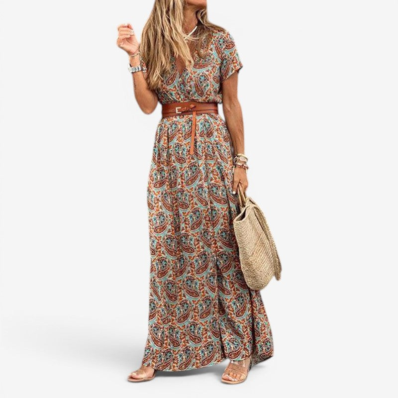 Women's Floral Print Maxi Dress with Belted Waist