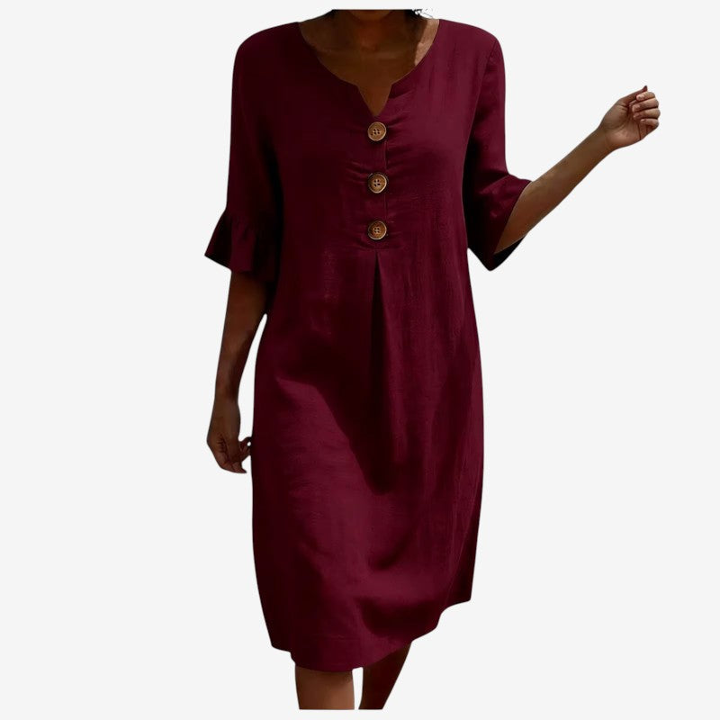 Women's V Neck Midi Dress with Button Front Closure
