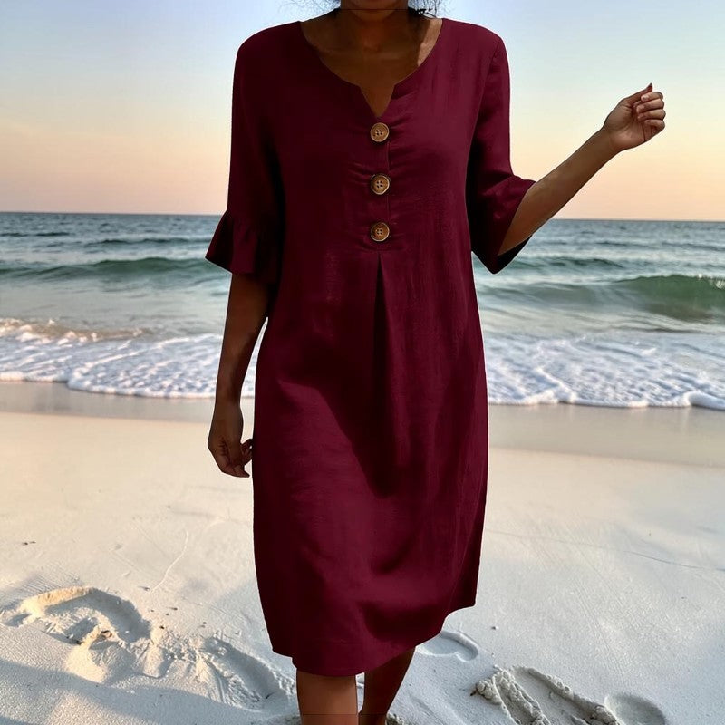 Women's V Neck Midi Dress with Button Front Closure