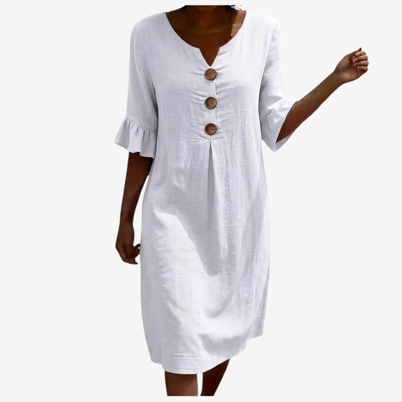 Women's V Neck Midi Dress with Button Front Closure