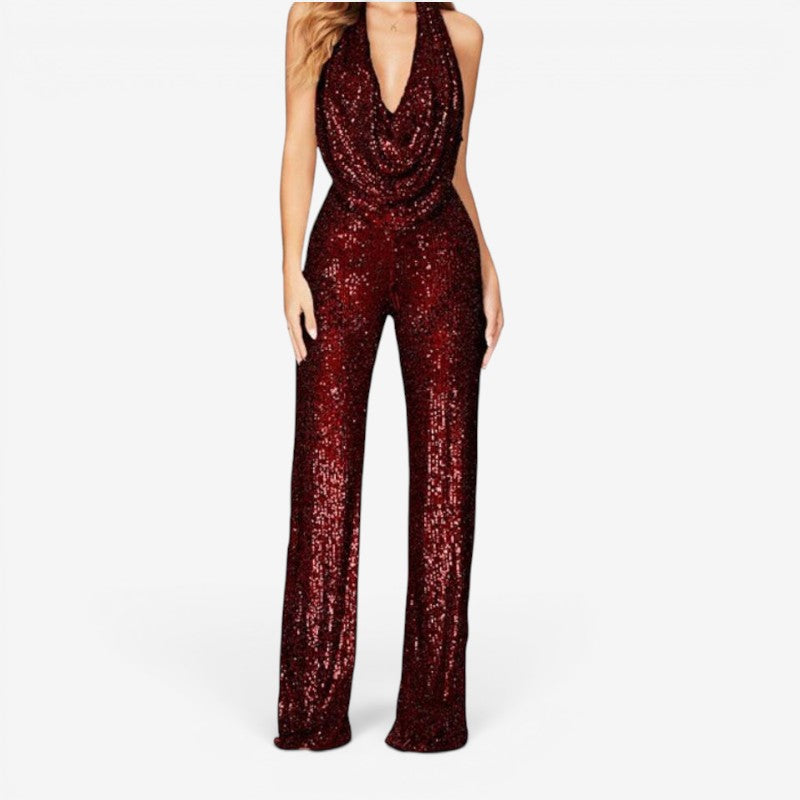 Glamorous Women's Sequin Jumpsuit with Halter Neck