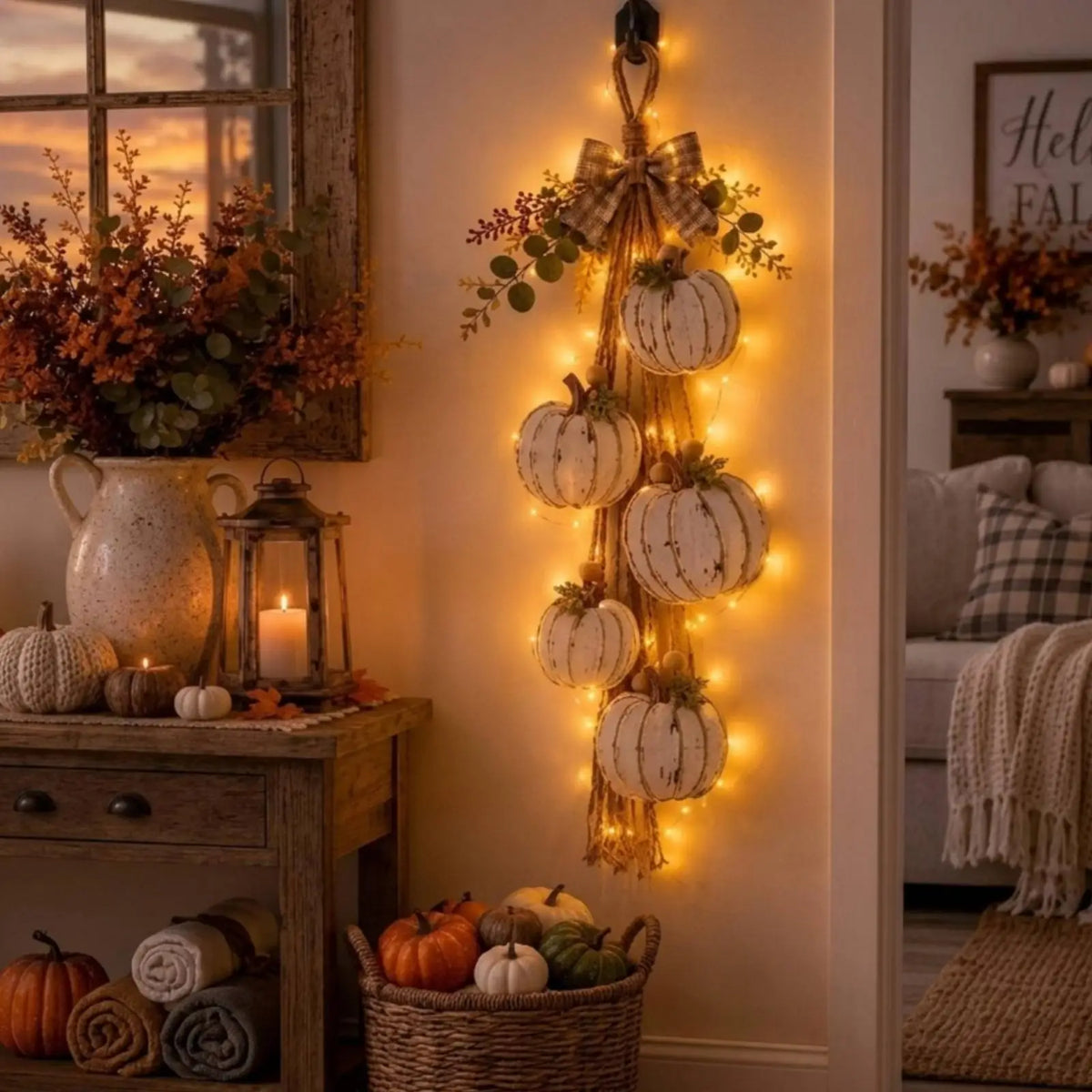 Pumpwreath - Világító tökös koszorú beépített LED fényekkel