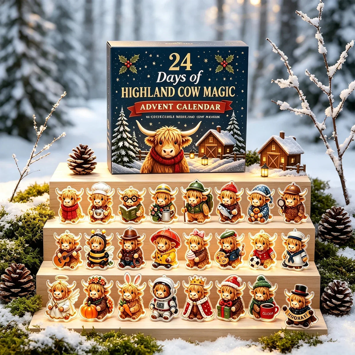 Cowcount - Highland Cow adventi naptár 24 akril függődísszel