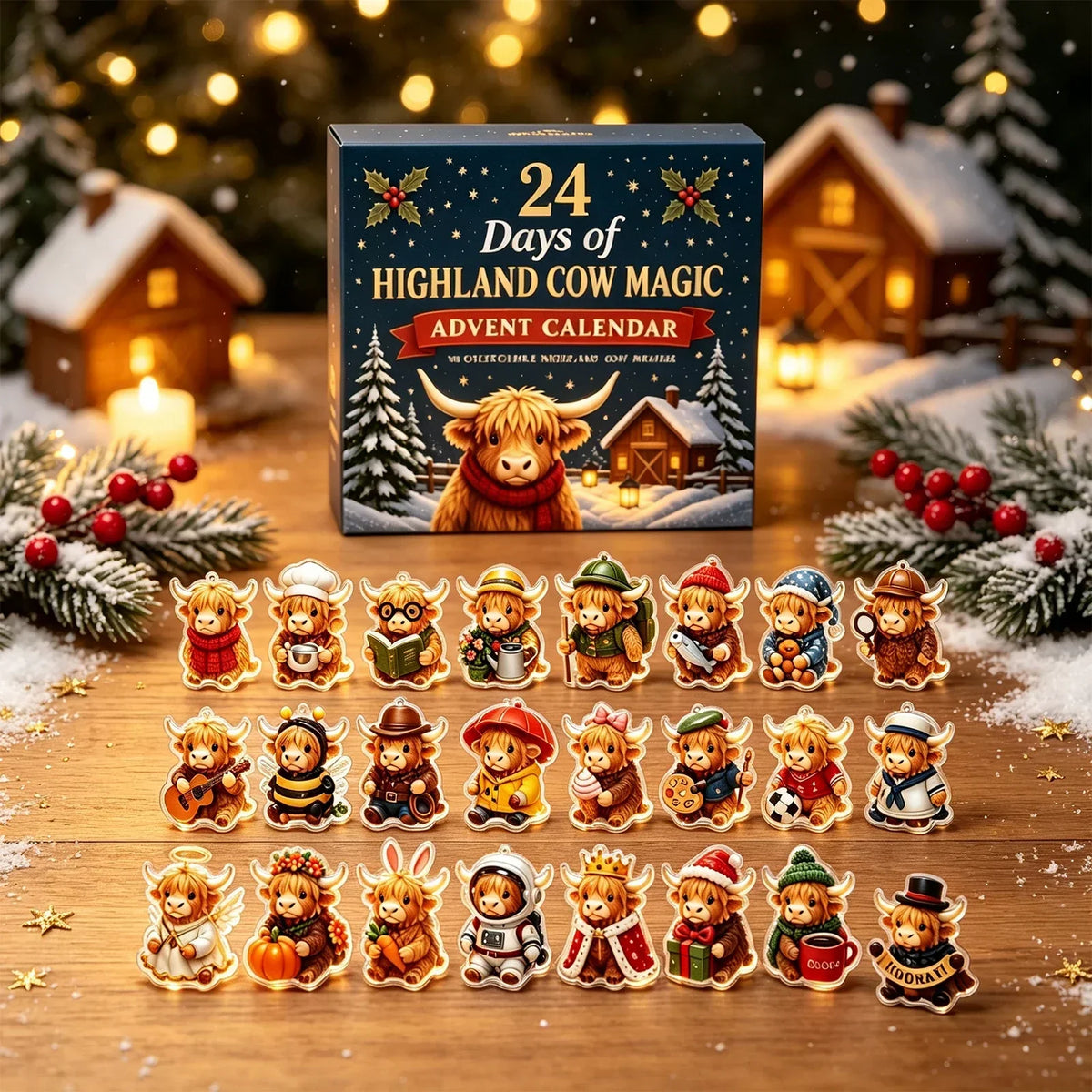 Cowcount - Highland Cow adventi naptár 24 akril függődísszel