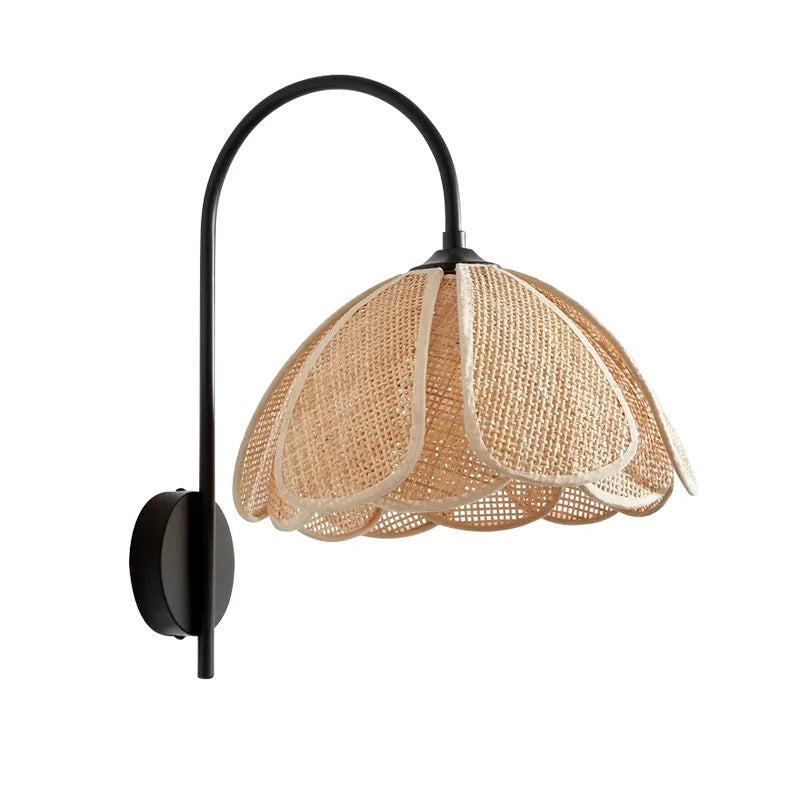 BloomGlow - Rattan Woven Flower Shade with Nature-Inspired Charm | Soft Warm Ambient Glow with Curved Black Metal Arm | Cozy Accent for Bedroom, Hallway or Living Room