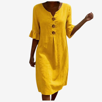 Women's V Neck Midi Dress with Button Front Closure