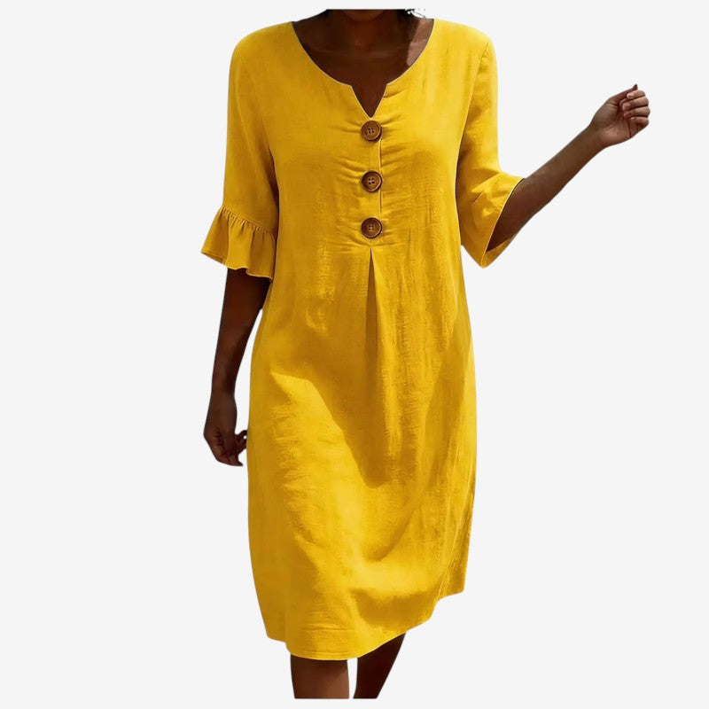 Women's V Neck Midi Dress with Button Front Closure