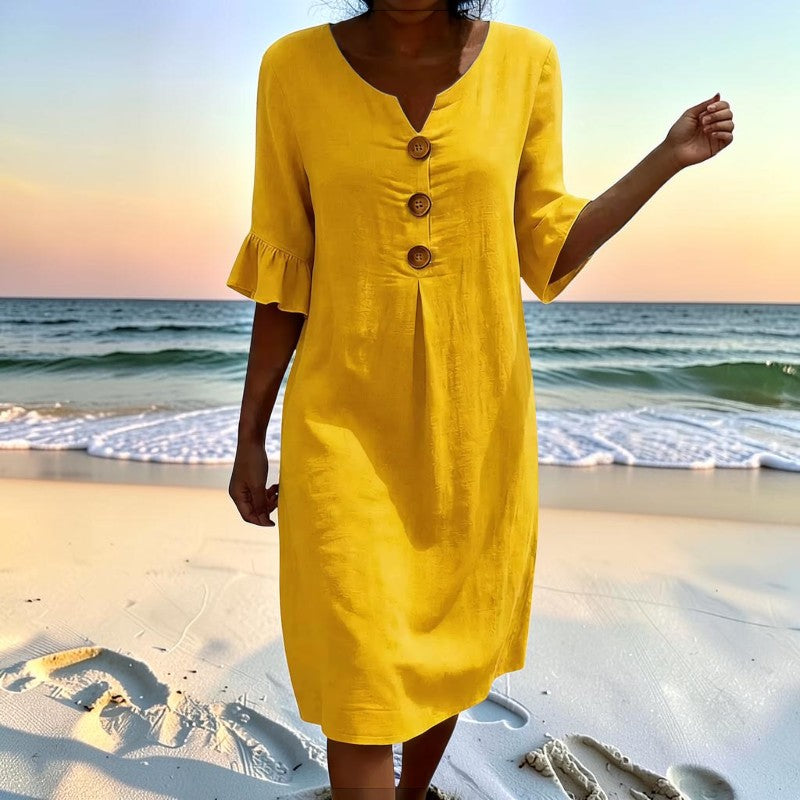 Women's V Neck Midi Dress with Button Front Closure