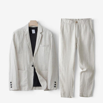 Men's Contemporary Linen Blazer and Wide Leg Pants Set