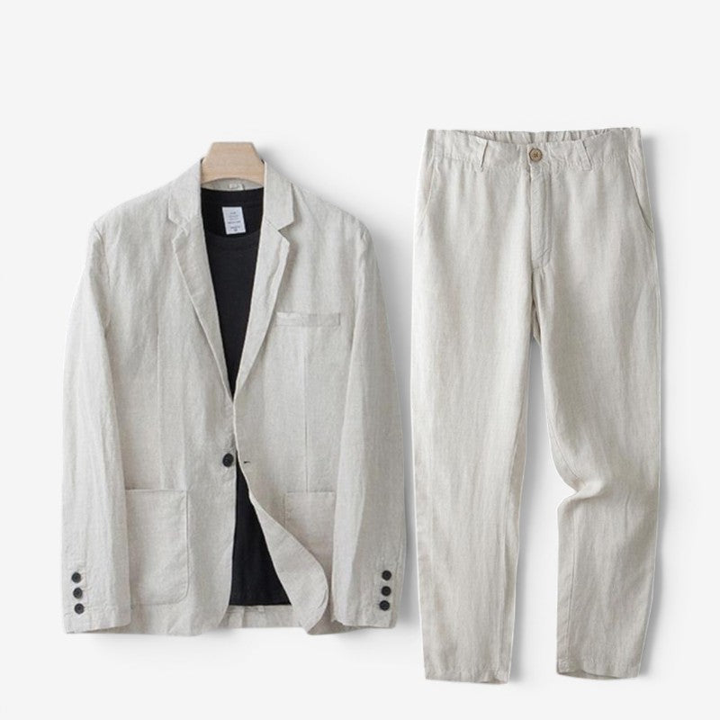 Men's Contemporary Linen Blazer and Wide Leg Pants Set