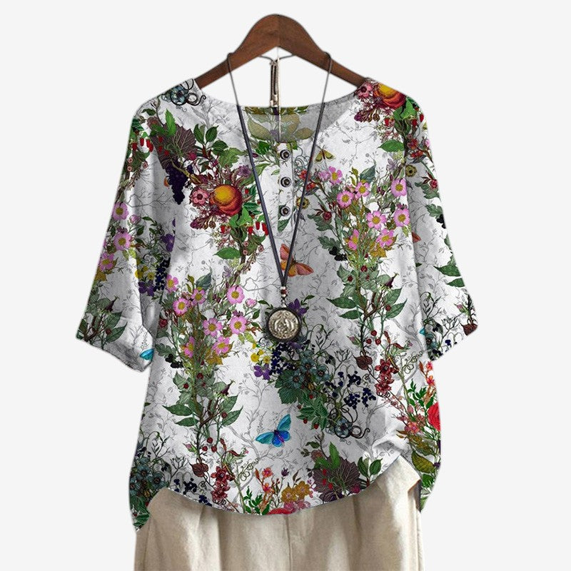 Oversized Floral Print Blouse with O Neck