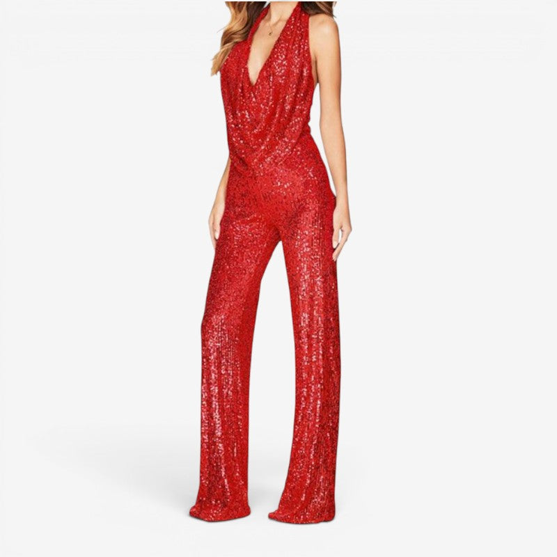 Glamorous Women's Sequin Jumpsuit with Halter Neck