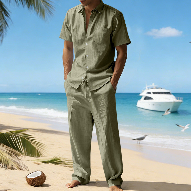 Men's Short Sleeve Shirt and Drawstring Pants Set